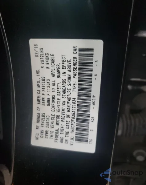 2016 Honda Accord Exl из США, поврежденный, VIN 1HGCR3F8XGA021834